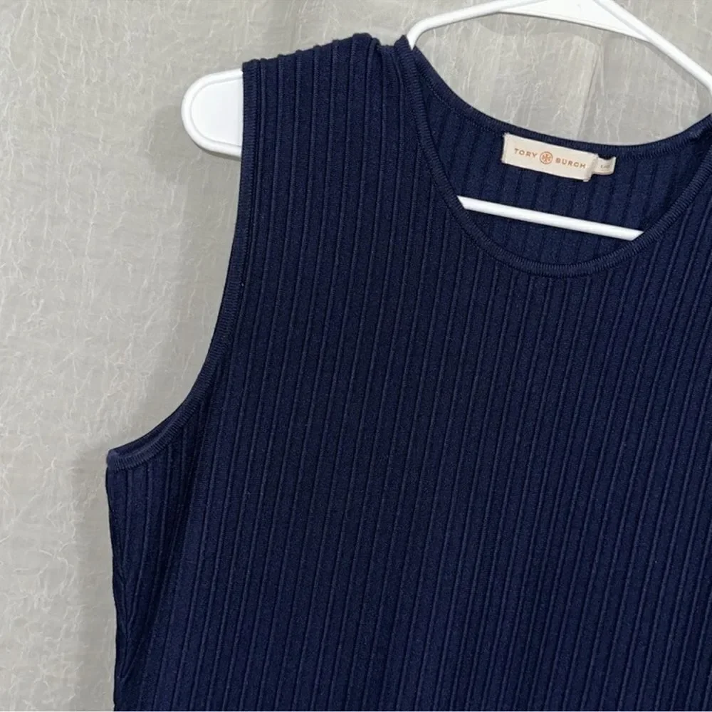 Tory Burch L LIAM Navy Knit Fit-and-Flare Textured Sleeves Dress